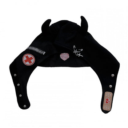 Horn with Demon Hat Embroidery Y2K Black Zipper Edgy Earflap