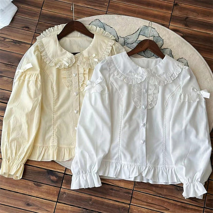 Ruffled White with Long-Sleeve Bow Decorations Blouse