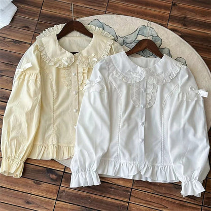 Blouse Ruffled Bow Apricot with Decorations Long-Sleeve