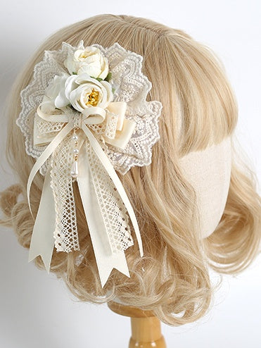 Exquisite Hairclip With Lolita And Floral Beige Bead Lace Bowknot