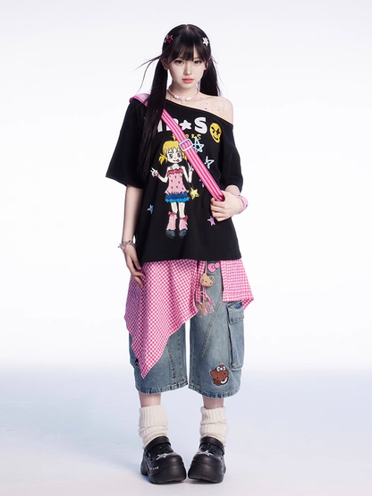 Bedrucktes schwarz-weißes T-Shirt mit asymmetrischem Ausschnitt und Vintage-Cartoon-Print