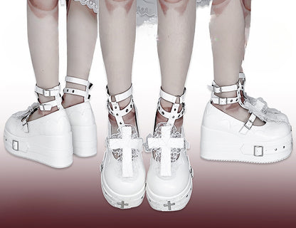 Matte White Gothic Lolita Lace Trim Cross Platform Shoes