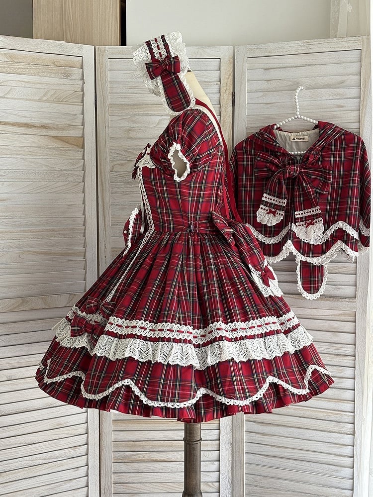 with Lolita Scalloped and Dress Puff Trim Bow Accents Sweet Plaid Edge Sleeves Red