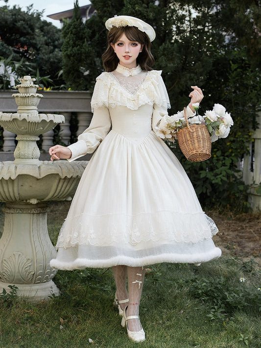 Dress Neck Embroidery Sleeves Edward Long Creamy Lolita Camellia Elegant with