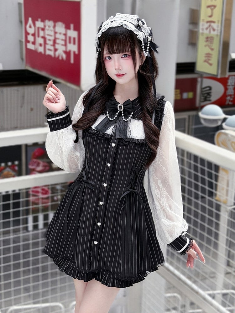 with Decor and Bead Shorts Kei Dress + Matching Black Long-Sleeve Stripe Set Chain Jirai Bow Lace White