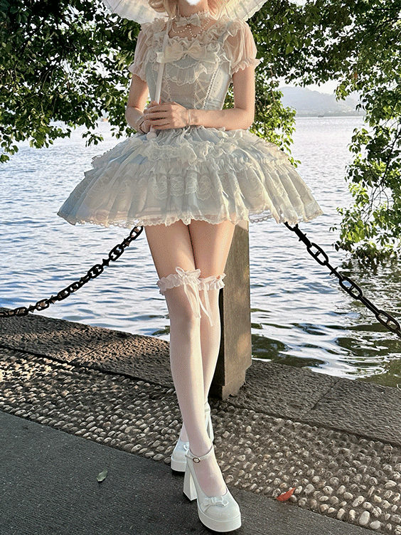 Jumper Detachable Sleeves Skirt Sweet Lolita Dress Flutter with Big Blue Lace-up Bodice High Waist Bow