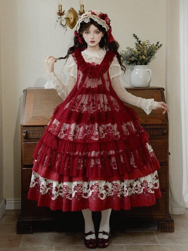 Classic Rose Tiered Floral Lolita Teapot Skirt Print Red and Jumper Dress