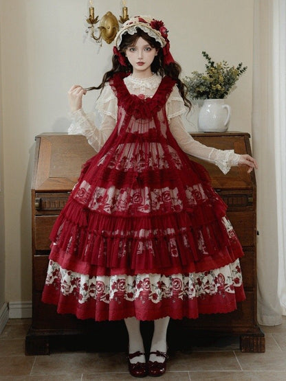 Classic Rose Tiered Floral Lolita Teapot Skirt Print Red and Jumper Dress