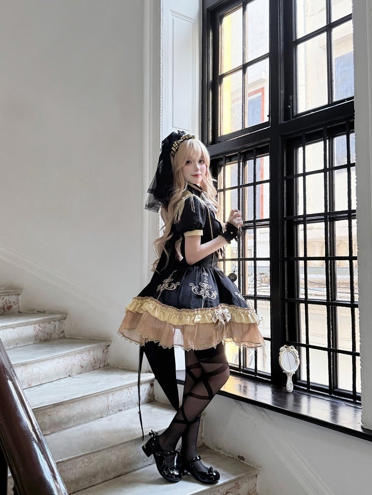 Cape Stand Dress Set Golden Lace Trim Lolita Collar Black Fringe + Gold