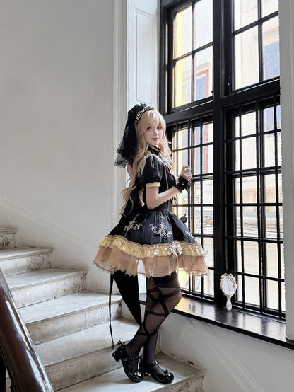 Dress Bow Lolita Lace Gold Black Trim with Details Stand Collar and