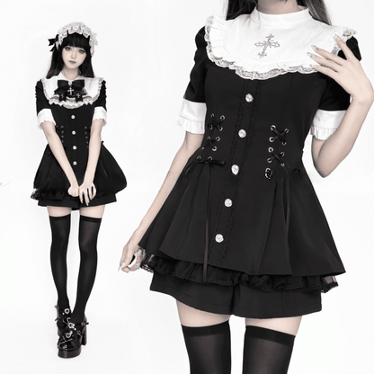 mit Stil Kurzes Jirai - Ärmel und Lätzchen Kei Weißes Kleid Krawattenset Schwarze Nonnenschleife