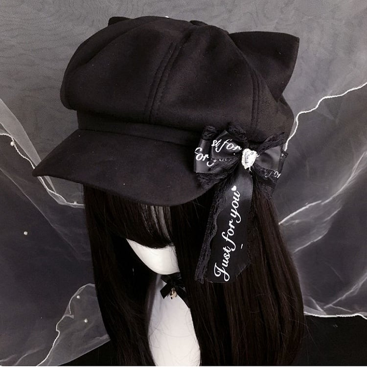 Béret chat Nœud détachable Dentelle Noir/Rose Noir avec oreille