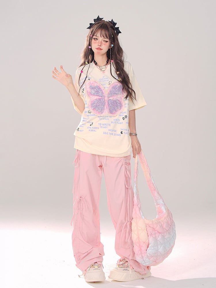 Pink Low Waist Wide-Leg Pants with Asymmetrical Drawstring Bows - Daily Kawaii Style