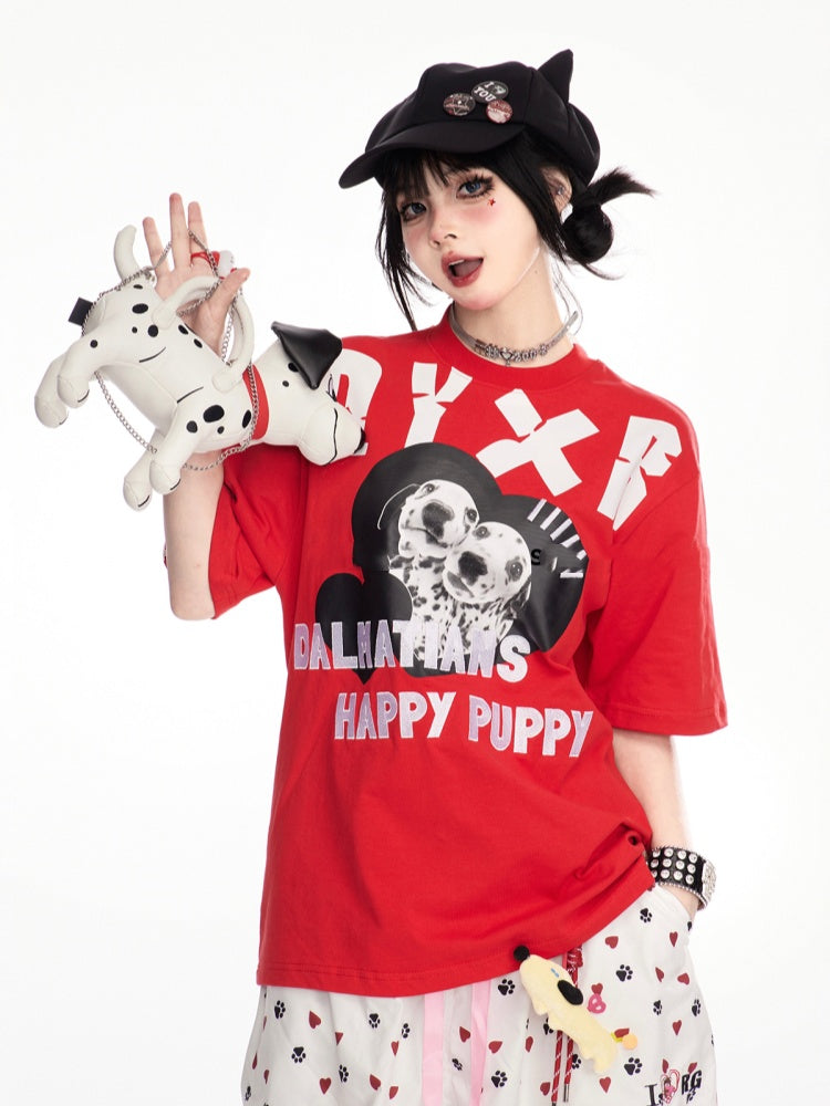 レッド クルーネック ダルメシアンプリント ヴィンテージTシャツ