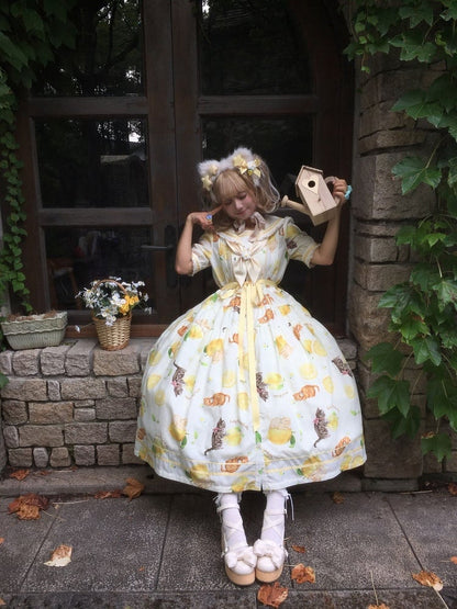 Yellow Sailor Collar Floral Print High Waist Dress with Cat Motif - Cutey Mask