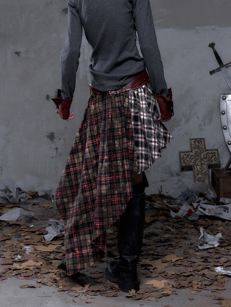 Asymmetrical Knotted Dual Triangular Hemline with Waistband Plaid Front Ties Dark Red PU Vintage Punk Skirt Rock