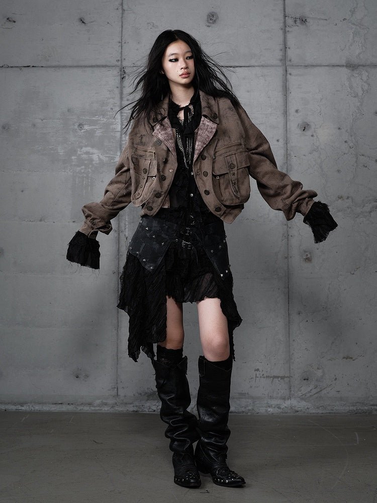 Coffee Pockets Detachable Studded Punk 3D Suede Collar Jacket Fur with Zipped Faux