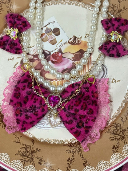 Strass Farbe Anhänger Optionen Herz 4 Perlen Muster Und Bowknot Leopard Halskette