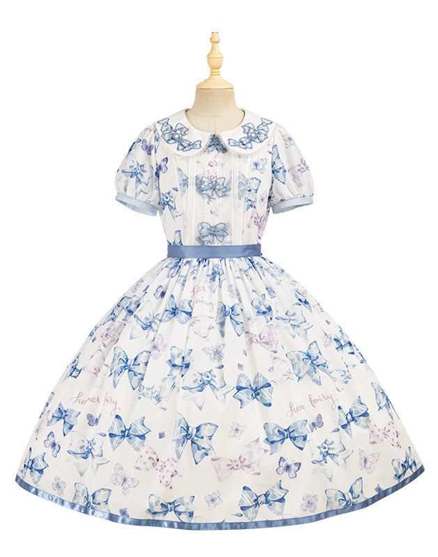 Blue Bowknot Peter Pan Collar Lolita Dress Bows and Butterfly One Piece