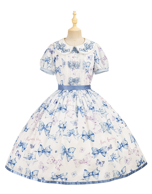 Blue Bowknot Peter Pan Collar Lolita Dress Bows and Butterfly One Piece