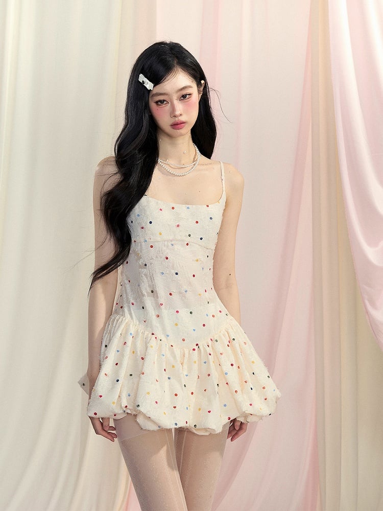 Bow Bubble Polka-Dot Pattern Cami Dress Mini Back Apricot Self-tie Skirt