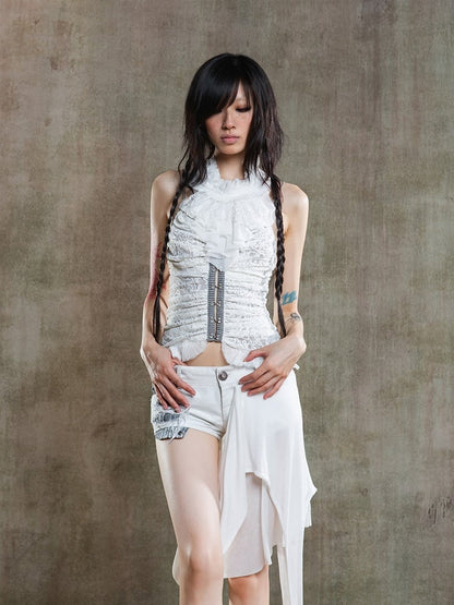 Punk Crisscross Cami Embroidered Floral with Lacing Top Beige Back Gothic