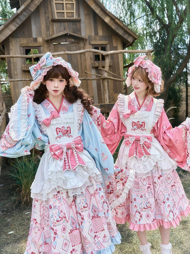 White and Pink Lolita Overlay Dress with Strawberry Embroidery, Bow & Lace Trim - San Sheng Du