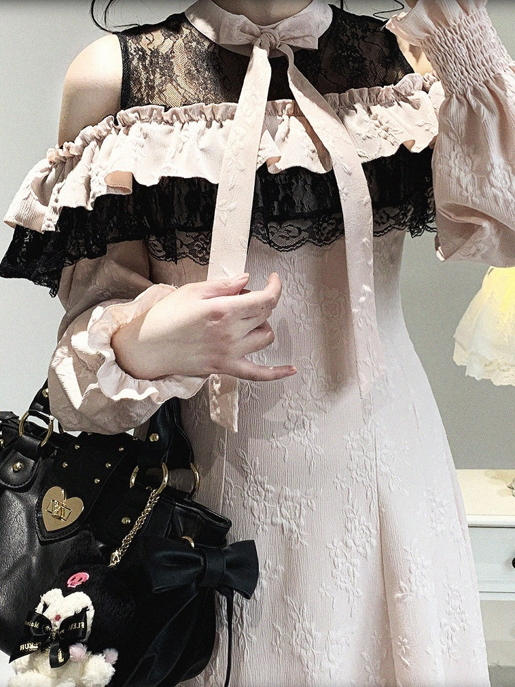 with Bow and Cutout Pink Lace Black Dress Long-Sleeve Kei Jacquard Rose Jirai Shoulder Ruffled