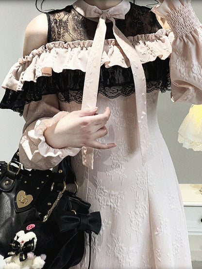 with Bow and Cutout Pink Lace Black Dress Long-Sleeve Kei Jacquard Rose Jirai Shoulder Ruffled