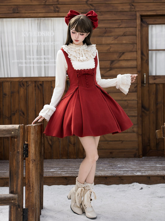 + Version Beige Hairclip Top New Short Bow Year Under JSK Lolita Knit Bust Red