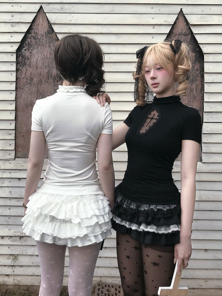 Gothic Black/White Mock Neck Coffin-Shaped Cutout T-Shirt