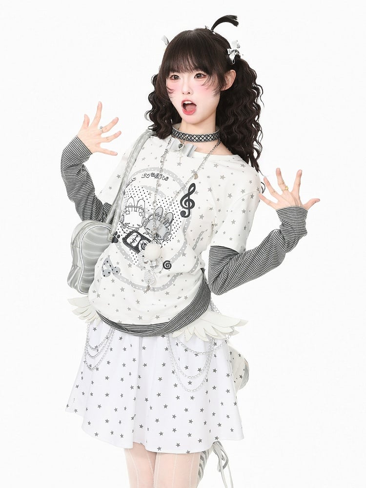 Faux Two Piece Otaku White Round Neck Long Sleeve Bunny Star Top - Languid Park