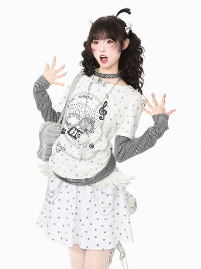 Faux Two Piece Otaku White Round Neck Long Sleeve Bunny Star Top - Languid Park