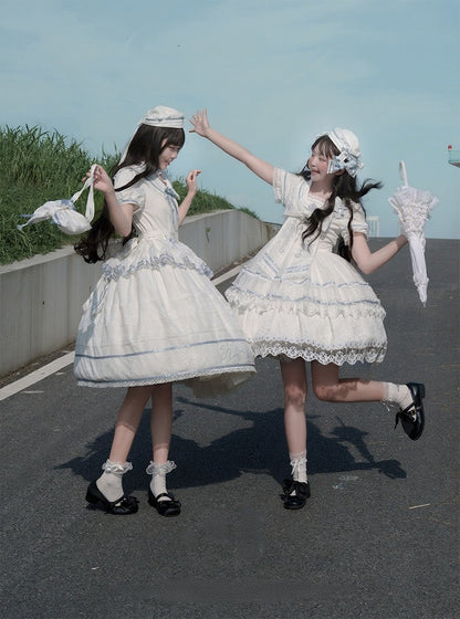 Ivory and Azure Stitched Sailor Gown with Detachable Collar - Honey Machine