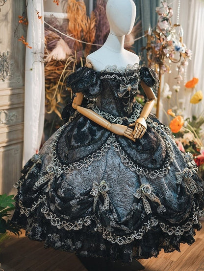 Gray Layered Lace Hanayome Details with Bow Ruffles Lolita Version Gown and Off-Shoulder Hime Black Short