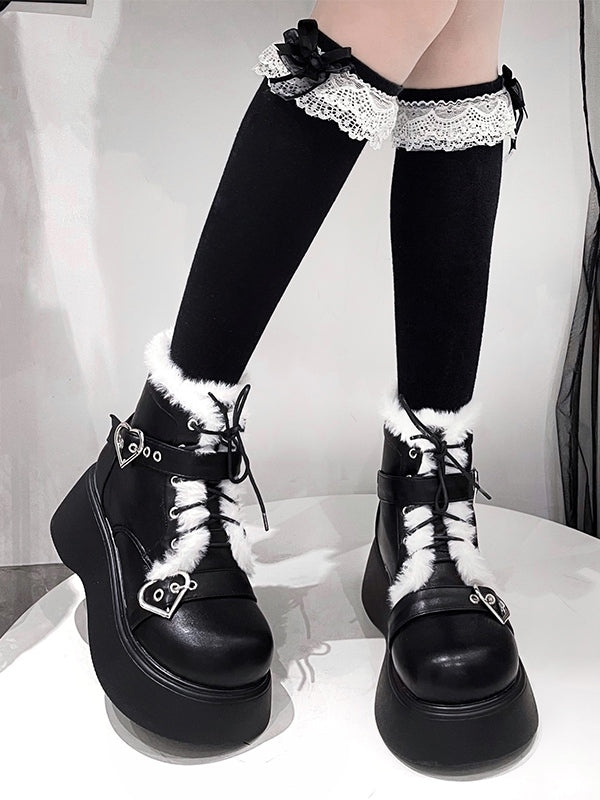 Lace-Up Platform Black Design Buckle Heart Lined PU Boots Plush with - Punk