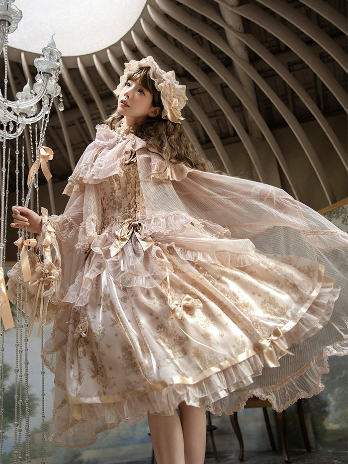 Cascading Trimming Cloak Ruffle Self-tie Neckline Champagne Bow Big