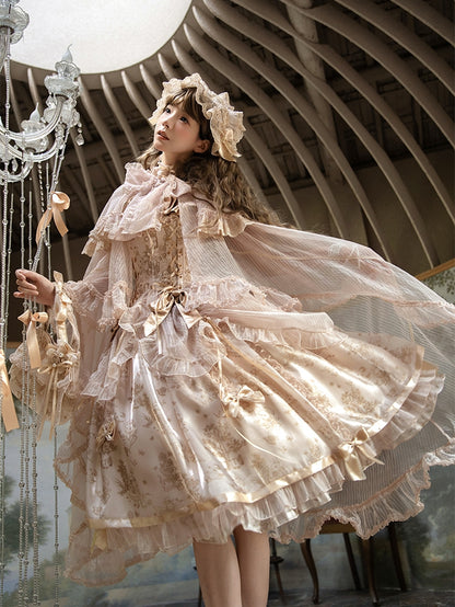 Cascading Trimming Cloak Ruffle Self-tie Neckline Champagne Bow Big