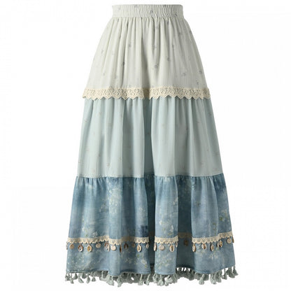 Dye Tie Blue Skirt Design Tassel Hem Shell Charm Patchwork Trim Lace