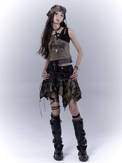 Grünes, geschnürtes Schulter- und asymmetrisches Saum-Tanktop Wasteland Punk Army
