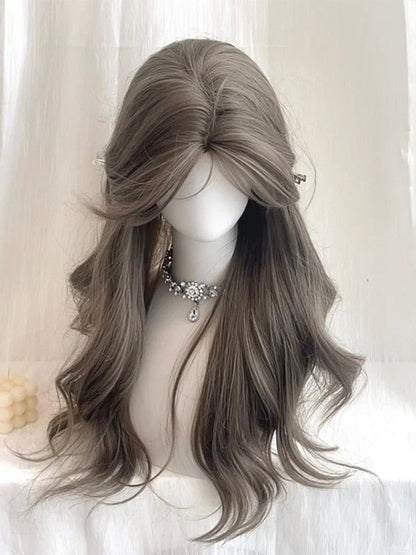 Dusty Brown 65cm Curtain Bangs Wavy Wig - Sleepy Fish