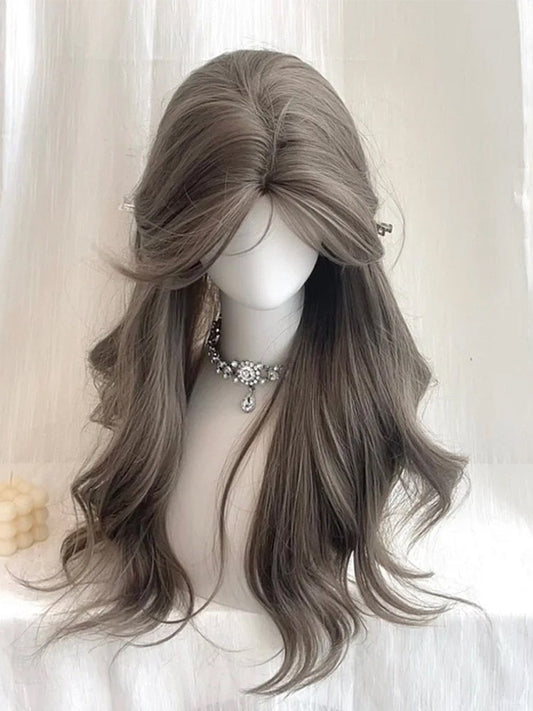 Dusty Brown 65cm Curtain Bangs Wavy Wig - Sleepy Fish