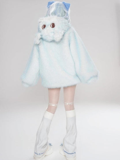 Blaue Winterjacke mit Kapuze und Reißverschluss im Design „Süßes Schneemonster“ aus Kunstpelz