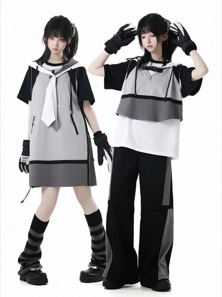 Hose Schwarz Grau Colorblock Design Techwear Casual