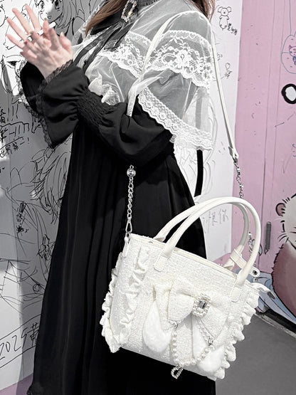 Lolita with And Bunny Charm Bow in Rhinestone Beaded - White Trim Ear Elegant Heart Triple-Carry Handbag Plush Ruffles