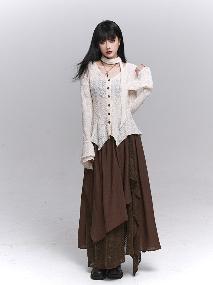 Irregular Cardigan Strap Knit Neck Gothic Apricot Button-Down Hem with