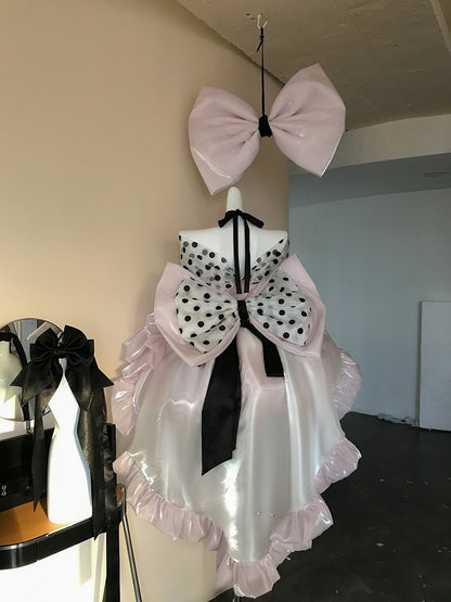Satin Off-the-Shoulder Dress with and Large Bow Detail Dot Pink Princess Balletcore Polka