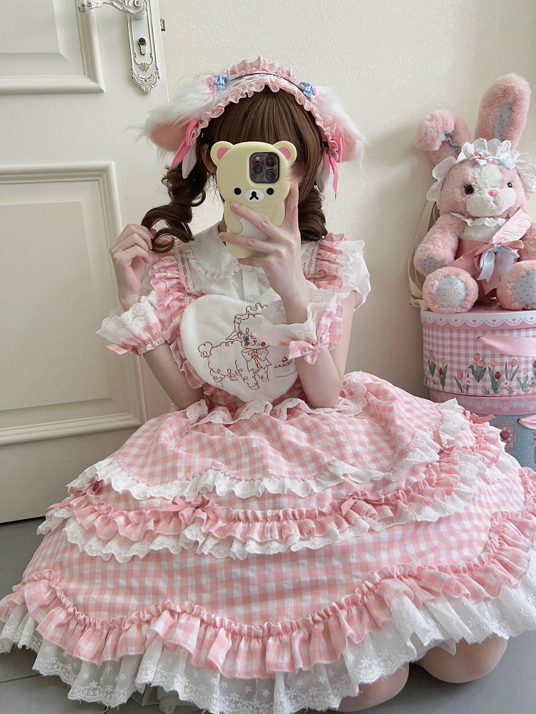 Only Dress Pink Back Multi-Layered Gingham + Bow Ruffle Sweet Lolita / Pattern JSK