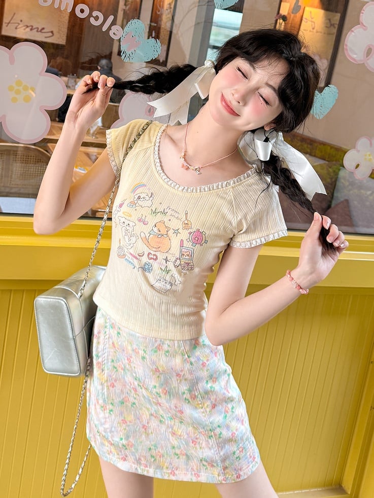 Oil Painting Floral Print Colorful Skirt A-line