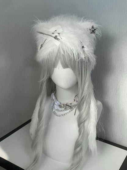 Black Pinsand Zippers Accents Cat Ear Plush Hat